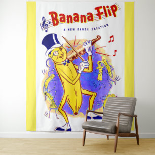 circa 1950 muziekprint van banaanspiegels wandkleed