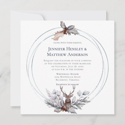 Circle Lijst Deer Antlers Holly Berry Wedding Kaart (Voorkant)