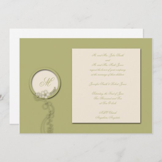 Circle Monogram Green en Creme Wedding Invitation Kaart (Voorkant / Achterkant)