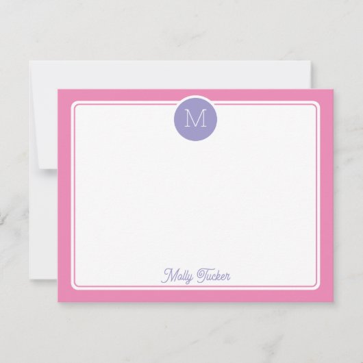 Circle Monogram Initial Preppy Pink Purple Notitiekaartje (Voorkant)