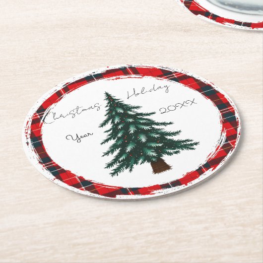 Circle Plaid Christmas Tree plates. Ronde Kartonnen Onderzetter (Gebogen)