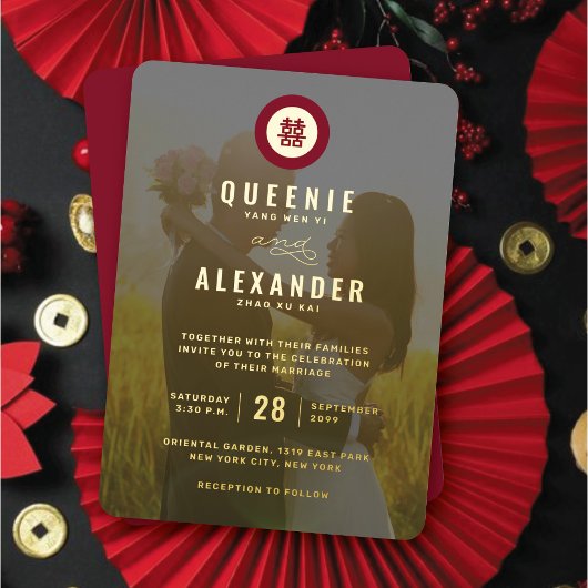 Circle Red Double Happiness Foto Chinees bruiloft Folie Uitnodiging
