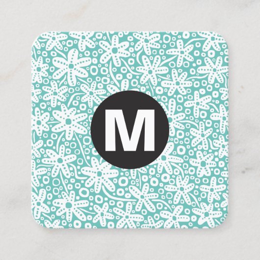 Circle Spot Monogram - Flowers - Turquoise Vierkante Visitekaartje (Voorkant)