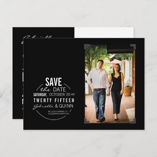 Circle Text & Photo Black Briefkaart Datum opslaan (Voorkant / Achterkant)