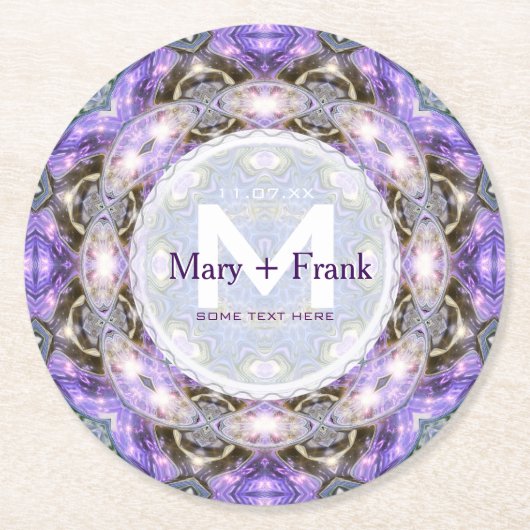 CircleofLight Paarse+White Monogram papier Onderze Ronde Kartonnen Onderzetter (Voorkant)