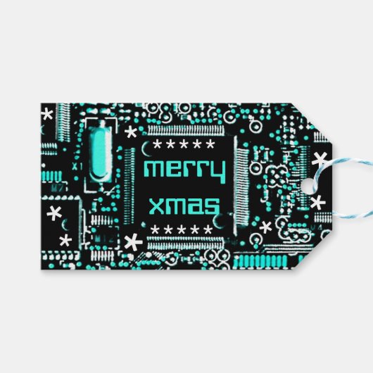 Circuit Light Blue 2 "Merry Xmas"-tekst terug Cadeaulabel (Voorkant (Horizontaal))