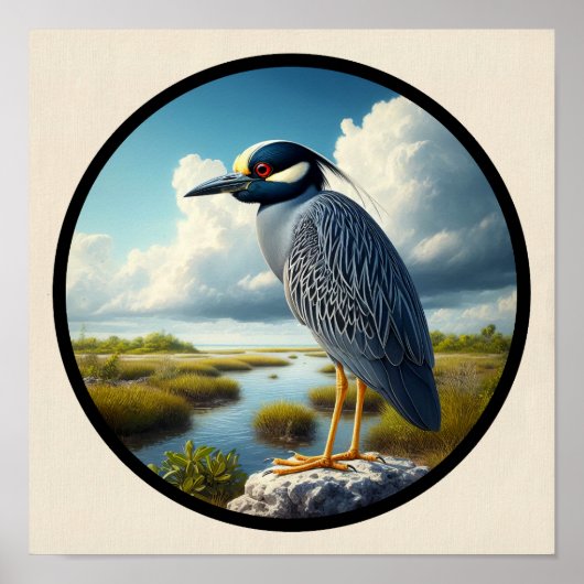 Circulair 3D-beeld van een Geelkruinreiger Poster (Voorkant)