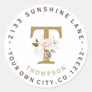 Circulair adres roze Gold Flowers Monogram Ronde Sticker