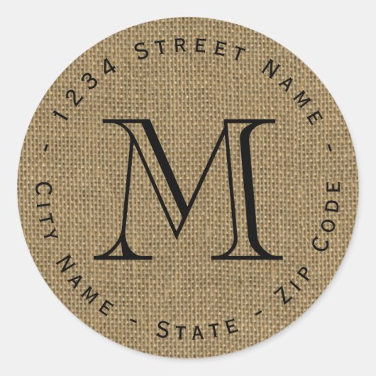 Circulair burlap monogram retour adres label (Voorkant)