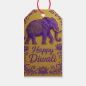 Circulair Goud & Paarse olifant Happy Diwali Cadeaulabel (Voorkant)
