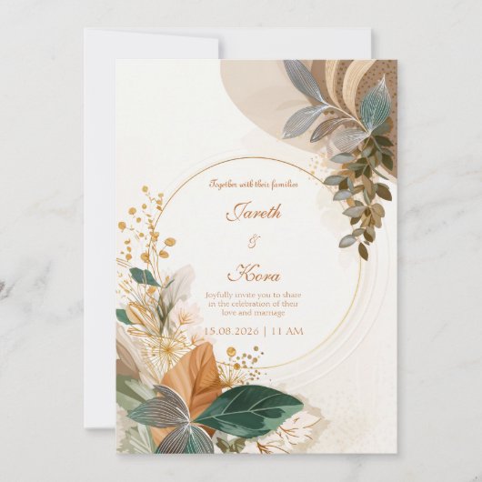 Circulair Gouden Bosgroene Botanische Bruiloft Kaart (Voorkant)
