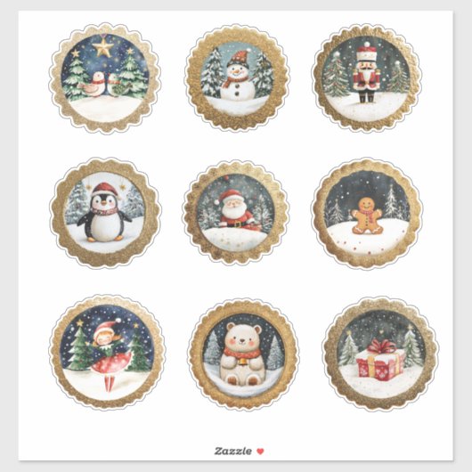 Circulair gouden Kerst stickers en envelopzegel (Vel)