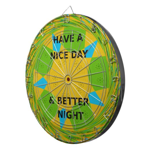 Circulair ontwerp "Fijne dag en betere nacht" Dartbord (Voorkant Rechts)