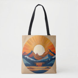 Circulair stralend zon- en berglandschap tote bag