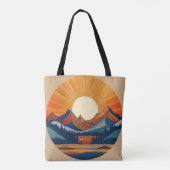Circulair stralend zon- en berglandschap tote bag (Achterkant)