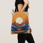 Circulair stralend zon- en berglandschap tote bag (Dichtbij)