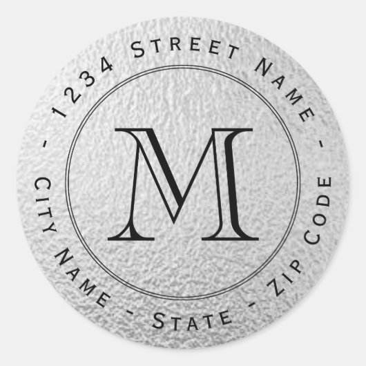 Circulair zilverfolie monogram retour adres label (Voorkant)