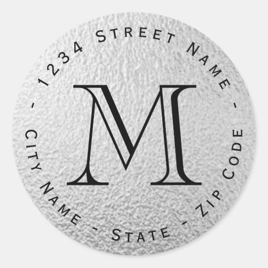 Circulair zilverfolie monogram retour adres label (Voorkant)