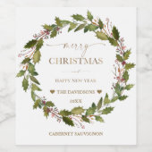 Circulaire Winterbessen Groene Bladeren Kerst   Wijn Etiket (Enkel label)