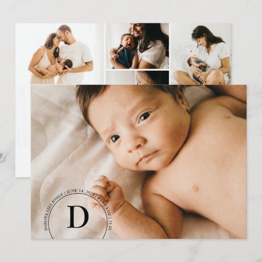 Circular Monogram Foto geboortedatum Kaart (Voorkant / Achterkant)