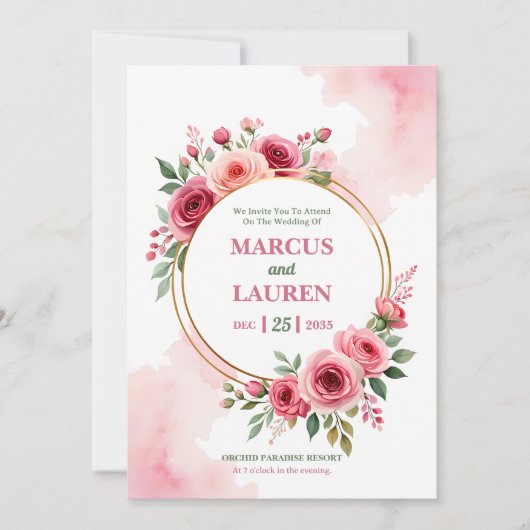 Circular Rose Frame Watercolor Wedding Invitation Kaart (Voorkant)