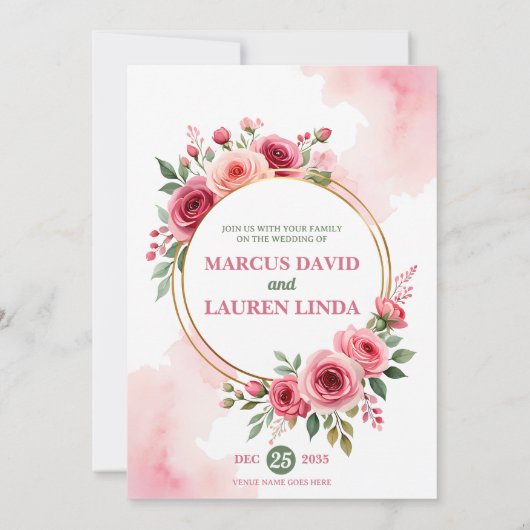 Circular Rose Frame Watercolor Wedding Invitation Kaart (Achterkant)