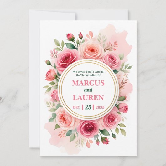 Circular Rose Frame Watercolor Wedding Invitation Kaart (Voorkant)