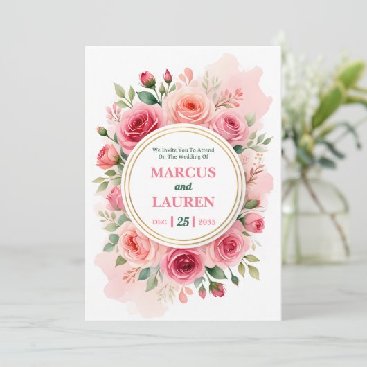 Circular Rose Frame Watercolor Wedding Invitation Kaart (Staand voorkant)