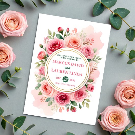 Circular Rose Frame Watercolor Wedding Invitation Kaart