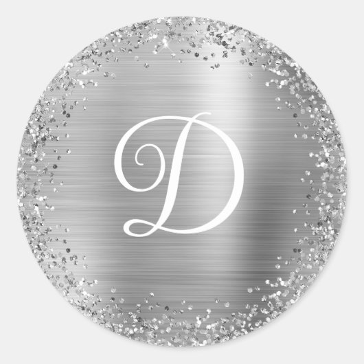 Circular Silver Glitter and Folie Monogram Ronde Sticker (Voorkant)
