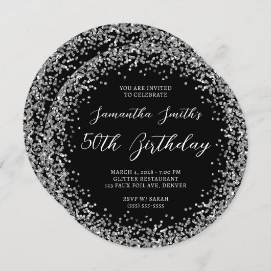 Circular Silver Glitter Black 50th Birthday Kaart (Voorkant / Achterkant)