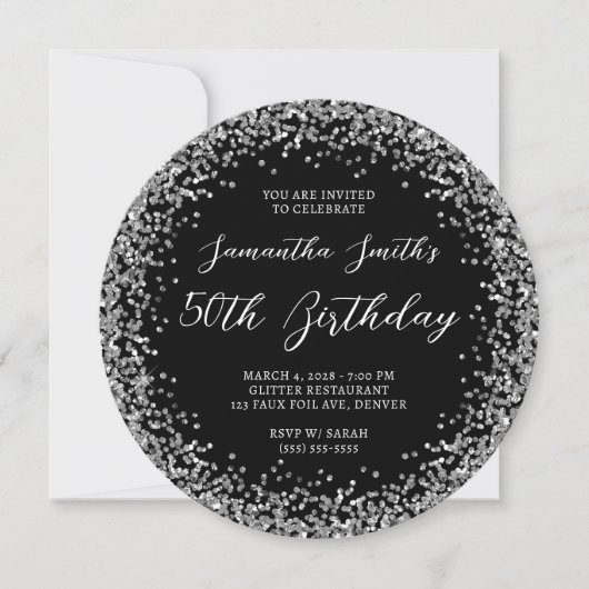 Circular Silver Glitter Black 50th Birthday Kaart (Voorkant)