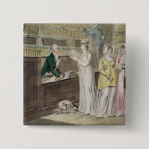 Circulerende bibliotheek (pen en inkt en w/c en w vierkante button 5,1 cm