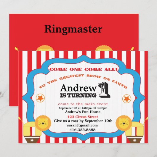Circus 1st Birthday Party Invitation Kaart (Voorkant / Achterkant)