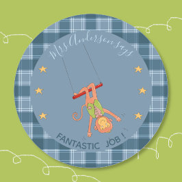 Circus Aap Student Blauw Beloningssticker Ronde Sticker