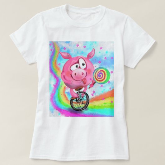 Circus Acrobat Piggy Cyclist met Lollipop T-Shirt (Design voorkant)