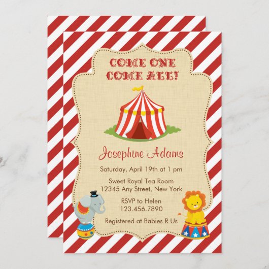 Circus Animal Baby shower Invitation Kaart (Voorkant / Achterkant)