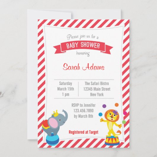 Circus Animal Baby shower Invitation Red Kaart (Voorkant)