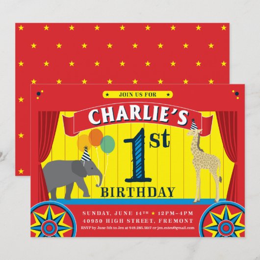 Circus Animal Birthday Uitnodiging (Voorkant / Achterkant)