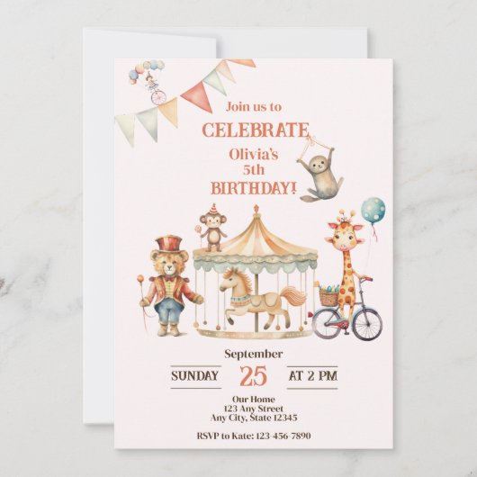 Circus Animal Birthday Uitnodiging (Voorkant)