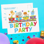 Circus Animal Train Cute Kids Birthday Party Briefkaart<br><div class="desc">Deze schattige circus-uitnodiging voor briefkaart op de verjaardag van dierentuindieren op een safari. De trein bevat een giraf,  olifant,  tijger en een schattige hippo boven de tekst van de Birthday Party,  geschreven in coole oranje,  groene,  rode en blauwe kleuren. Pas de rug aan met je leuke kinder feestelijke details.</div>