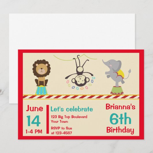 Circus Animals Birthday Kaart (Voorkant / Achterkant)