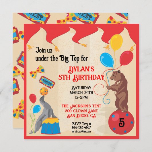 Circus Animals Birthday Party Invitation Kaart (Voorkant / Achterkant)