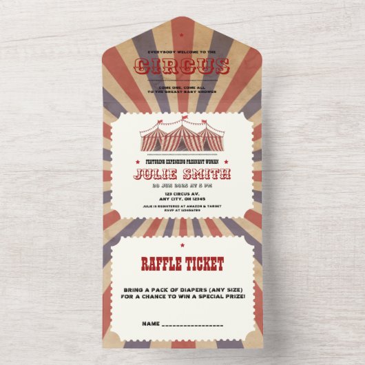 Circus Baby shower Ticket Diaper Raffle All In One Uitnodiging (Binnen)