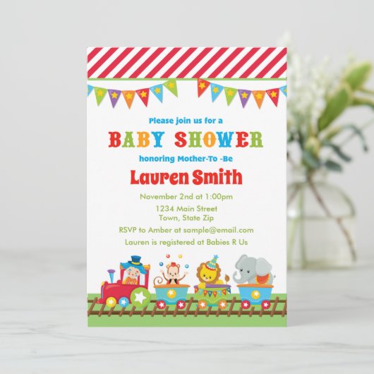 Circus Baby shower Uitnodiging Circus Train (Staand voorkant)