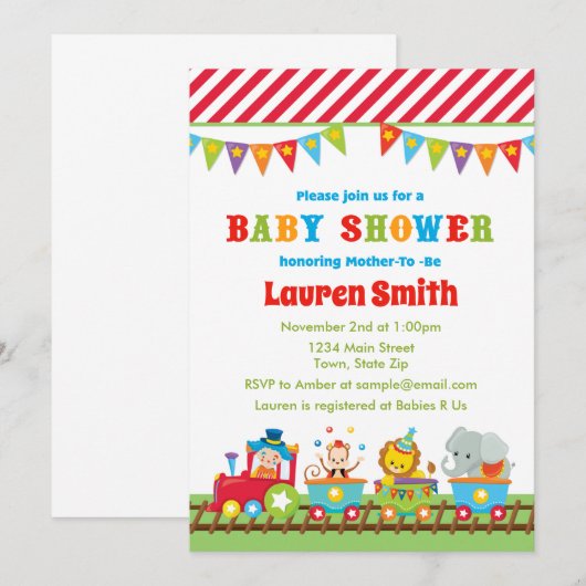 Circus Baby shower Uitnodiging Circus Train (Voorkant / Achterkant)