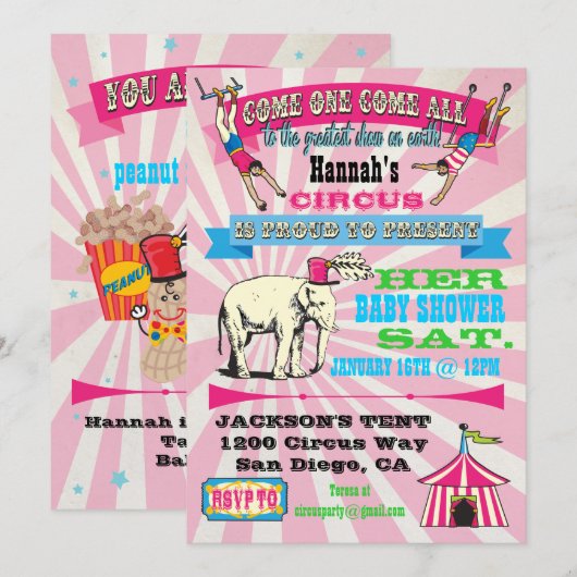 Circus Baby Shower-uitnodigingen Kaart (Voorkant / Achterkant)
