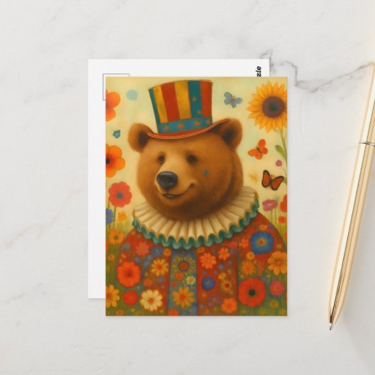 Circus Bear in Flowers Briefkaart (Voorkant / Achterkant in situ)