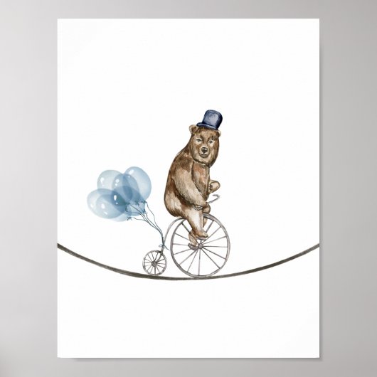 Circus Bear On A Bike With Blue Balloons Nursery Poster (Voorkant)