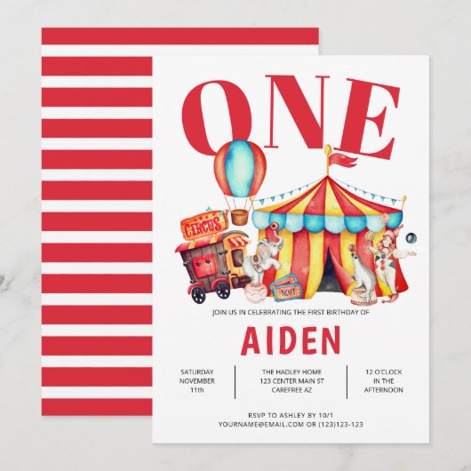 Circus Big Top 1st Birthday Kaart (Voorkant / Achterkant)